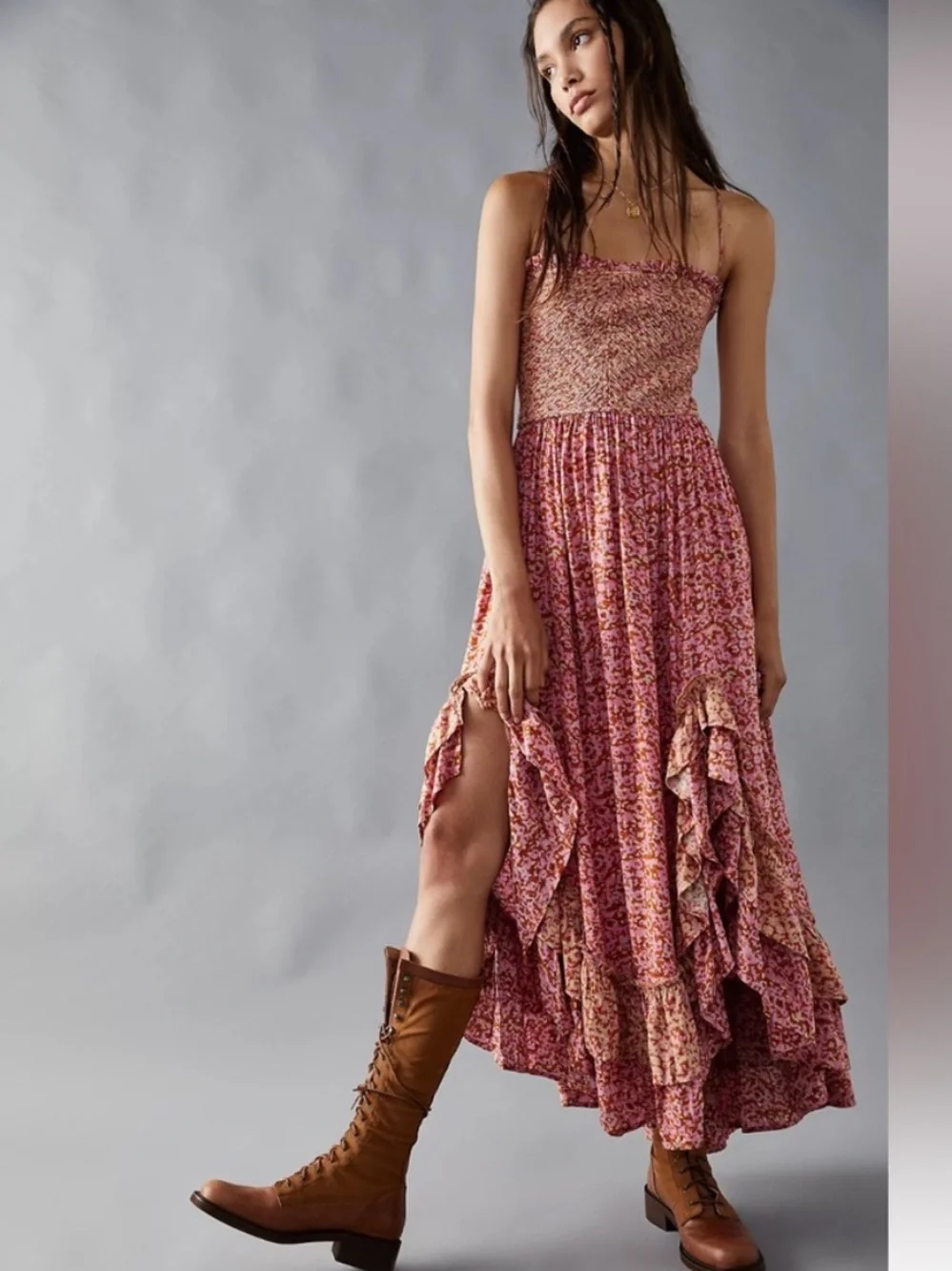 Free People One I Love Dress in Caramel Combo Pink and Tan Maxi Ruffle Hem